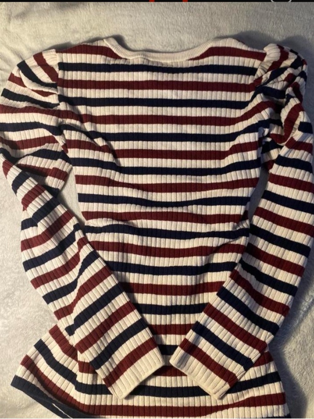 Striped Ribbed Long-Sleeve Tee in Cream, Burgundy & Navy